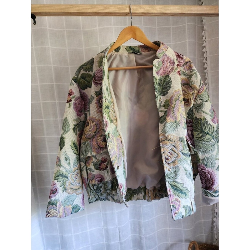 Floral Tapestry Jacket Women's Vintage Oversized Bomber Coat Size M - Picture 14 of 15